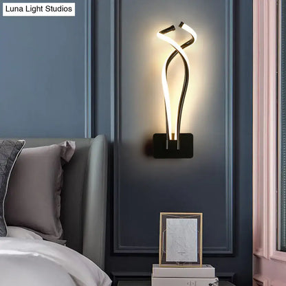 Modern black twisted spiral led wall sconce with sleek design and white light ideal for bedroom lighting