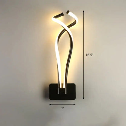 Modern black twisted spiral led wall sconce with two intertwined glowing white led light strips for bedroom use