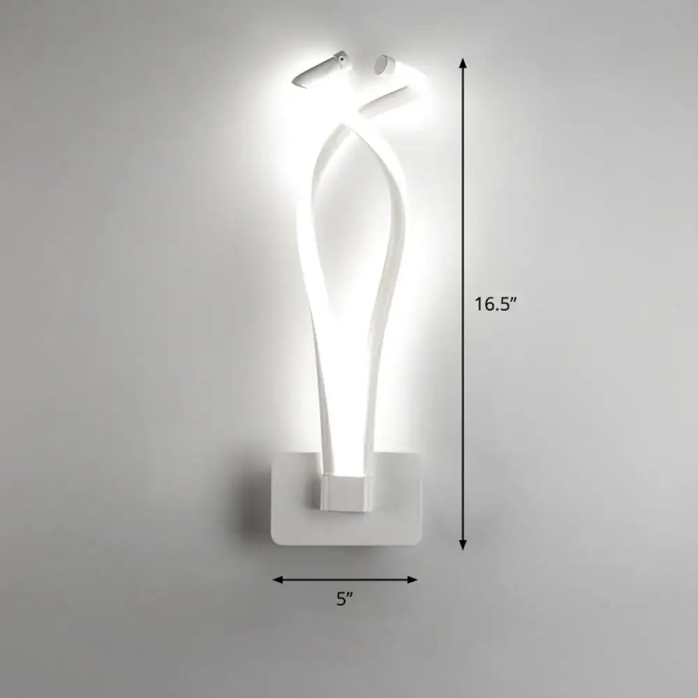 Modern white led wall sconce with sleek sculptural design and two intertwined curved arms for bedroom lighting