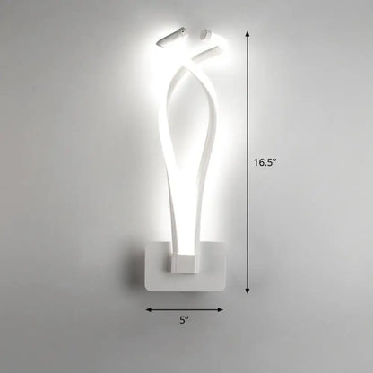 Modern white led wall sconce with sleek sculptural design and two intertwined curved arms for bedroom lighting