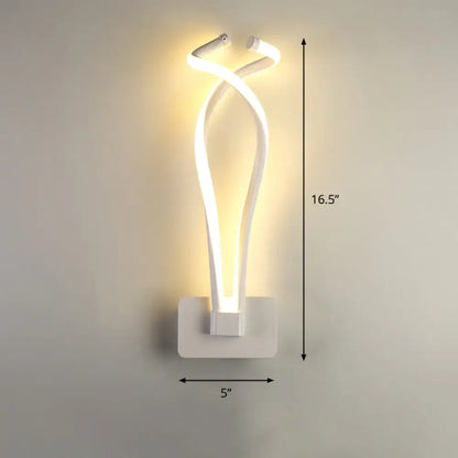 Modern black twisted spiral led wall sconce with sleek white curved design and warm glow for bedroom lighting