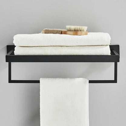 Modern black two tier towel rack with shelf and hanging bar holding white towels decorbites black towel rack