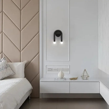 Modern black u-shaped led wall lamp with two illuminated spherical bulbs ideal for bedroom decorbites led wall lamp