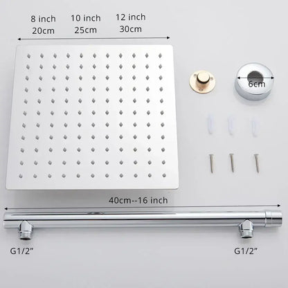 Modern black ultrathin rainfall shower head set featuring a silver square shower head with multiple spray nozzles and chrome bar