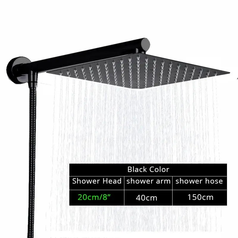 Modern black ultrathin rainfall shower head with a sleek square design and flexible hose for bathroom use