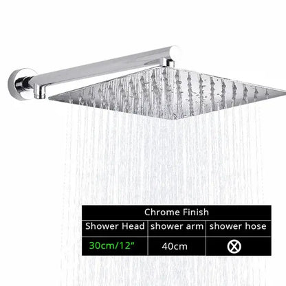 Chrome-finished square rainfall shower head with sleek modern design and multiple water jets for bathroom use