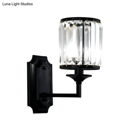 Modern black wrought iron wall lamp with clear crystal prism cylindrical shade for corridor lighting
