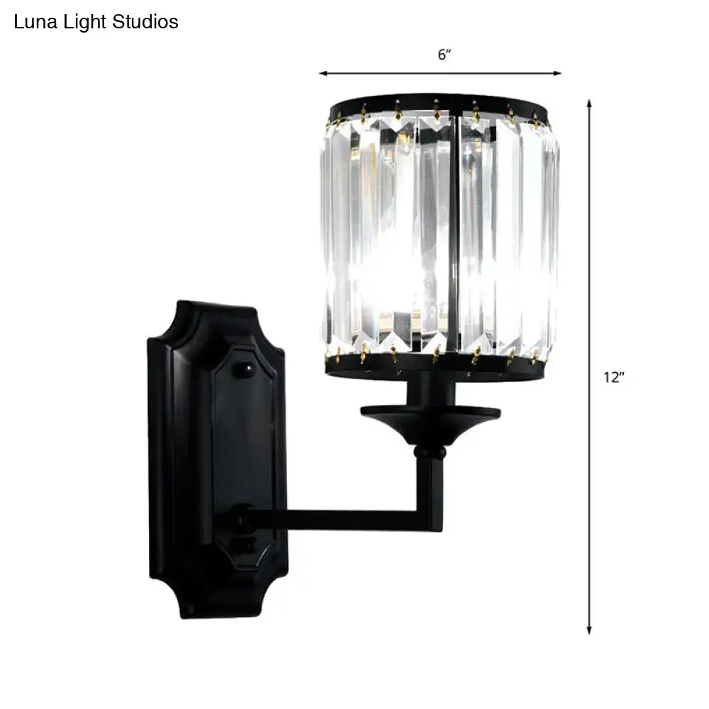 Modern black wall lamp with clear crystal prism and cylindrical crystal shade in black wrought iron for corridor use