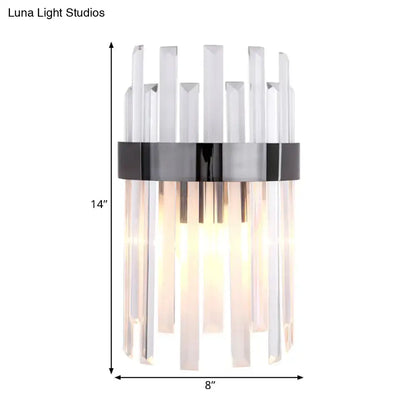 Modern black wall lamp with sleek black chrome band and clear icicle crystal prisms for dining room lighting