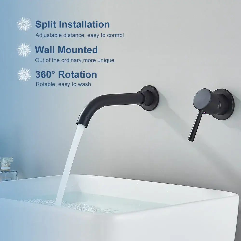 Modern black wall mounted basin faucet with a matte finish curved spout and separate rotary handle by decorbites black wall