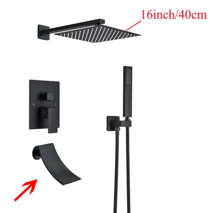 Modern black wall mounted shower system with 16-inch square rainhead handheld shower and curved spout decorbites black wall mounted