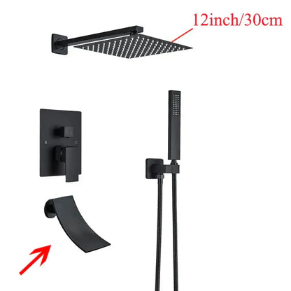 Modern black wall mounted shower system with 12-inch rainhead, handheld shower, and curved spout by decorbites black wall