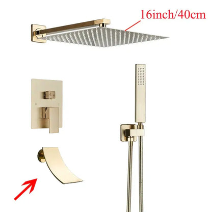 Gold-finished square rain shower head 16-inch with sleek modern design for decorbites black wall mounted shower system