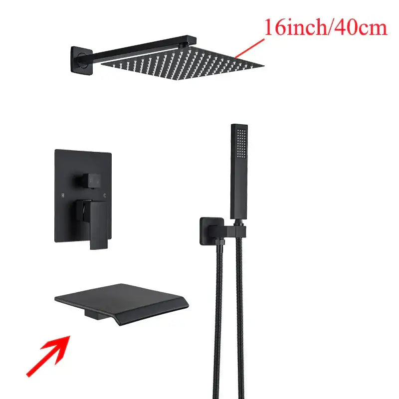 Modern black wall mounted shower system featuring a black matte finish 16-inch square rain shower head with nozzle grid