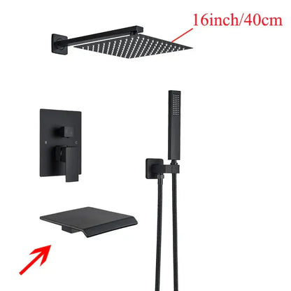 Modern black wall mounted shower system featuring a black matte finish 16-inch square rain shower head with nozzle grid
