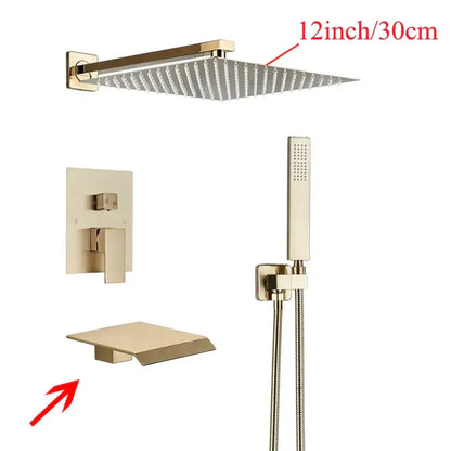 Gold-toned square 12-inch mounted showerhead with sleek modern design for decorbites black wall mounted shower system