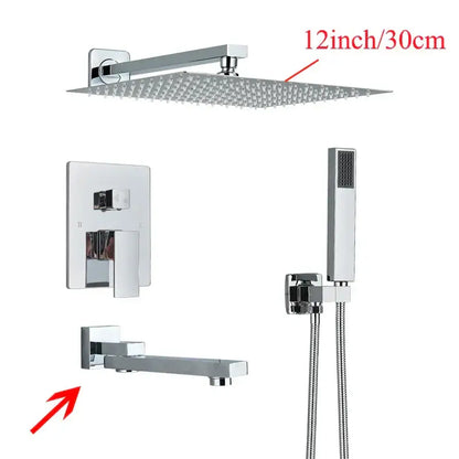 Chrome-finished 12-inch square rainfall showerhead with fine spray nozzles in modern black wall mounted shower system decorbites black wall