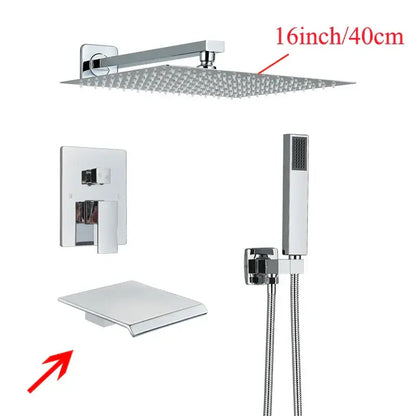 Chrome finished 16 inch square rainfall showerhead with fine spray nozzles for decorbites black wall mounted shower system