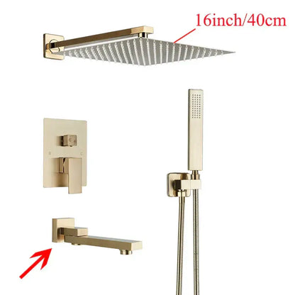 Gold-toned rectangular showerhead with multiple nozzles in modern black wall mounted shower system by decorbites
