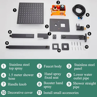Modern black wall mounted shower system featuring a black matte stainless steel top spray with evenly spaced nozzles