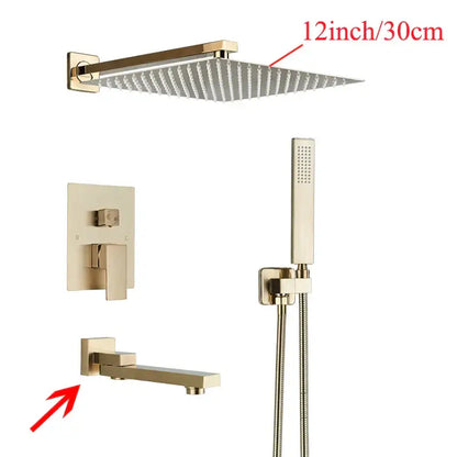 Gold-finished rectangular mounted showerhead with 12-inch sleek design for decorbites black wall mounted shower system
