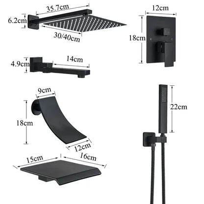 Modern black wall mounted shower system with matte finish square rainhead handheld spray and curved waterfall spout