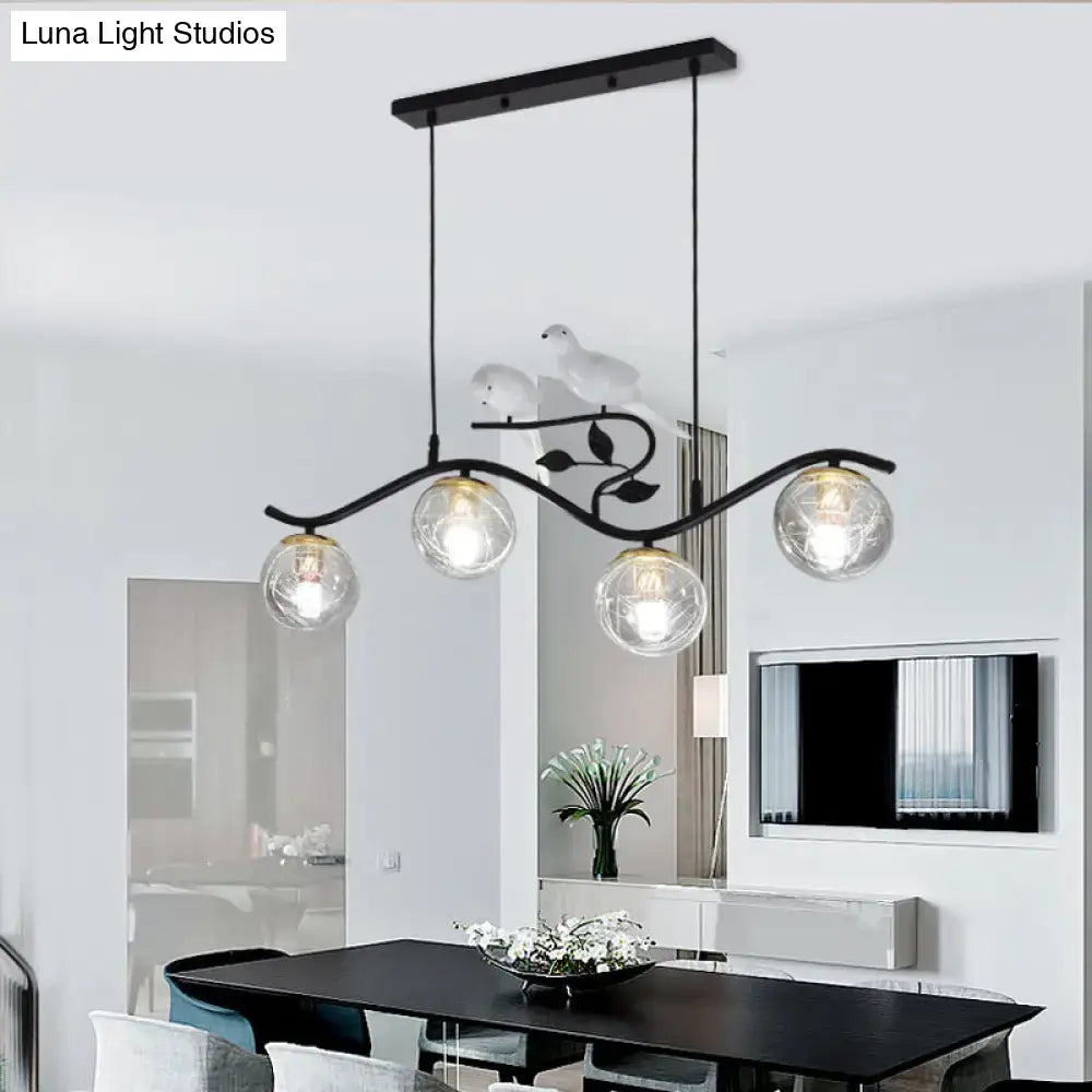 Decorbites™ minimalist black wrought iron hanging lamp with three smoke gray clear glass globes and bird deco bulb included