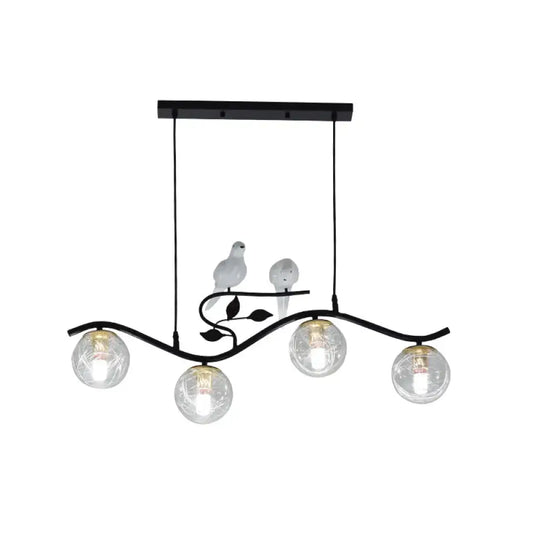 Black wrought iron hanging lamp with two white bird figurines, four clear glass globe bulbs, bulb included, smoke gray clear shade