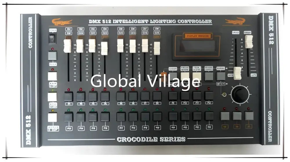 Modern black and white 504-channel dmx controller with digital display screen and white knobs for dj stage lighting