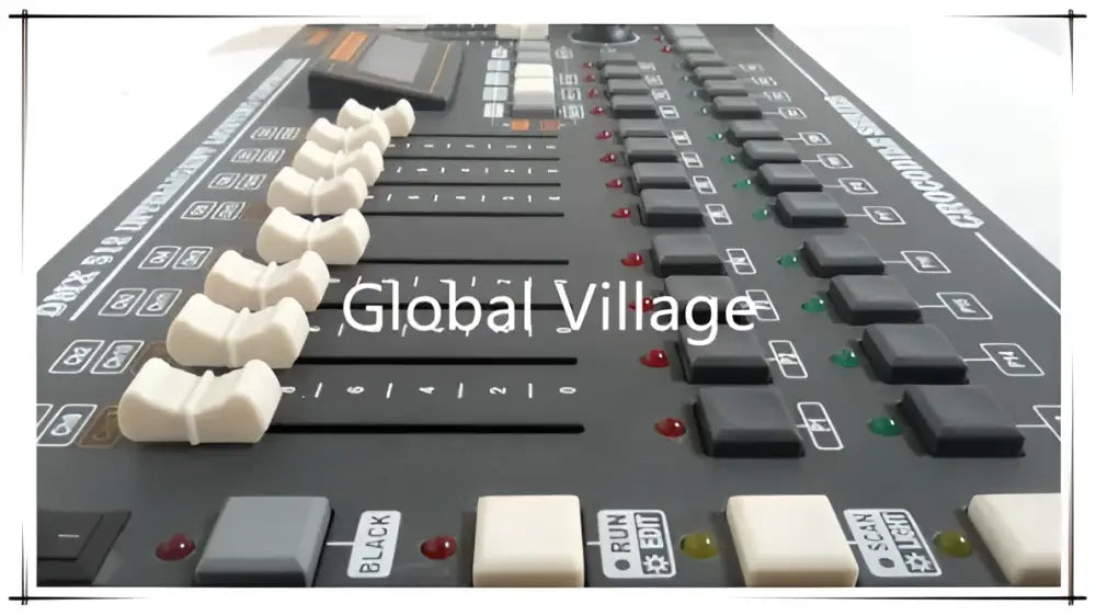 Modern black and white 504-channel dmx controller with white faders and illuminated indicators for dj stage lighting