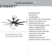 Modern black and white 8-blade ceiling fan with remote control led light metal glass and aluminum alloy for bedroom