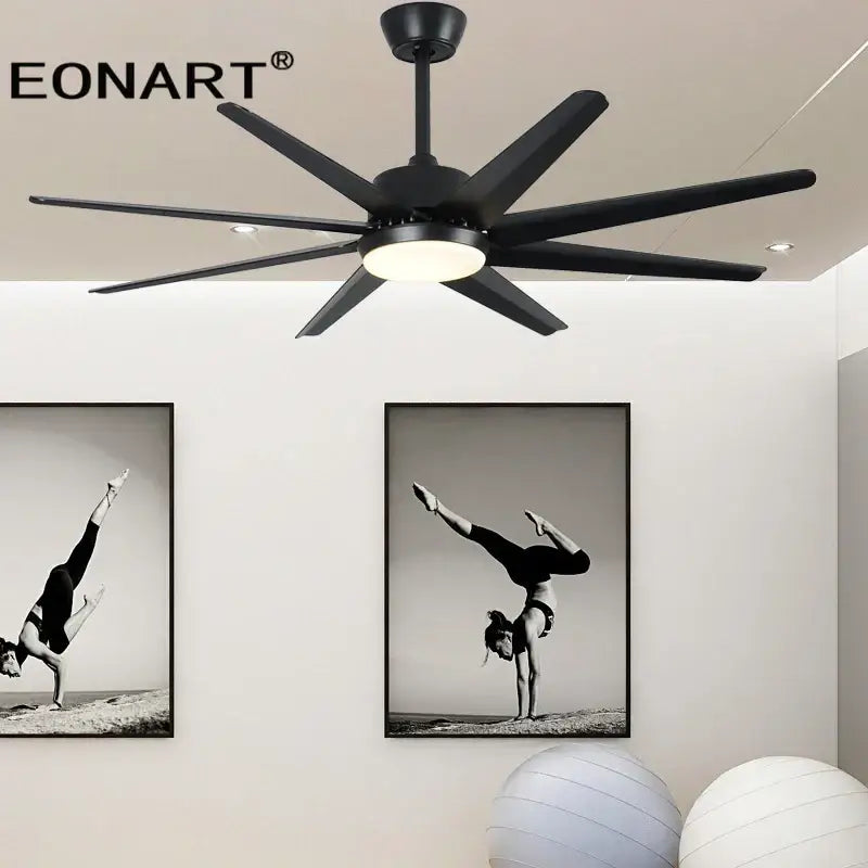 Modern black and white 8-blade ceiling fan with sleek eonart blades, led light, and remote control for bedroom use