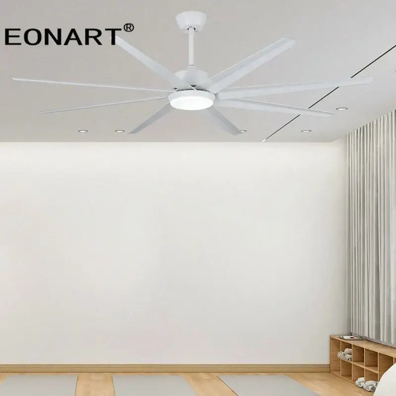 Modern white eonart ceiling fan with sleek blades and integrated led light featuring remote control for bedroom use