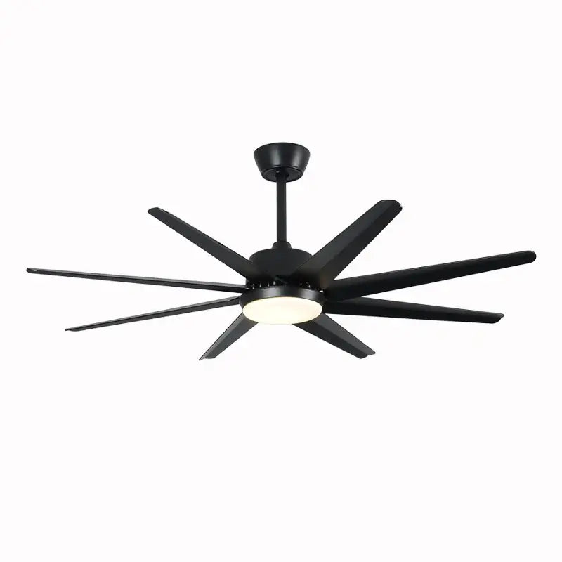 Modern black and white ceiling fan with eight sleek blades, led light, and remote control for bedroom use