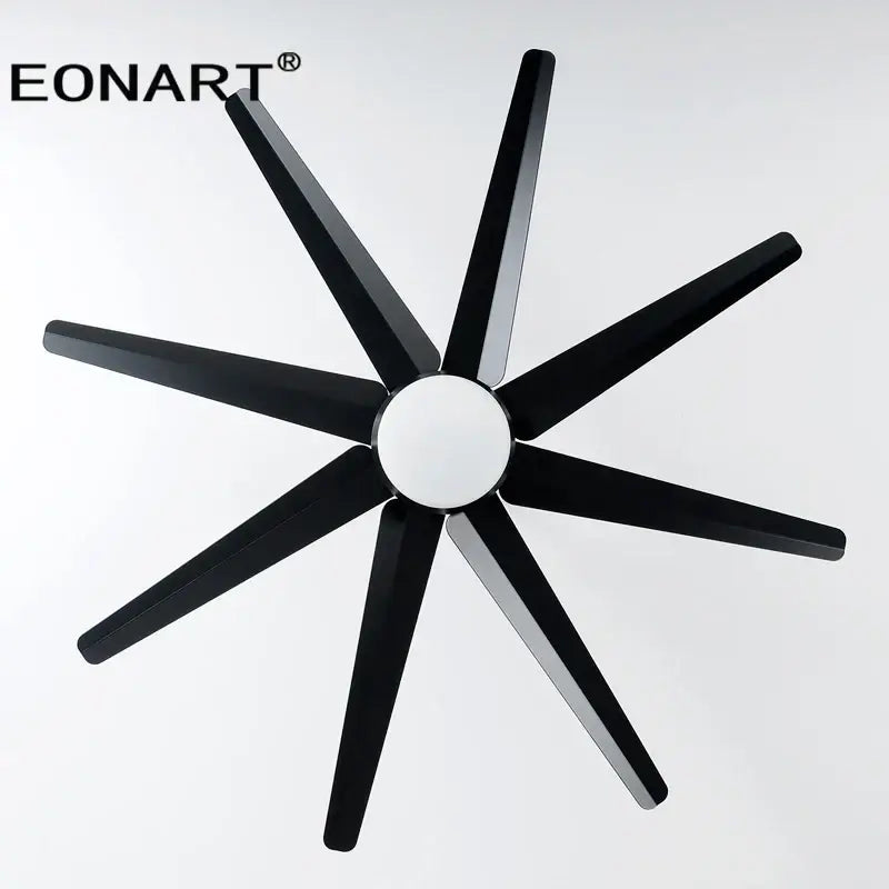 Modern black and white 8-blade ceiling fan with remote control and led light featuring sleek blades and a central hub