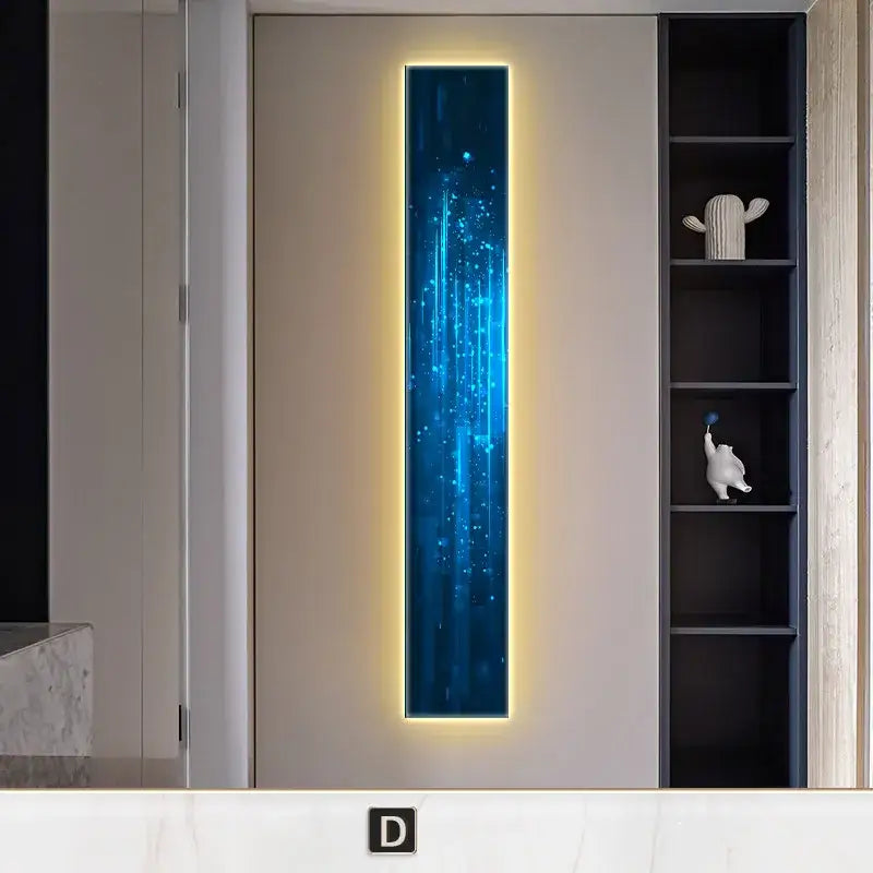 A sleek black and white decorbites abstract led wall lamp with blue fiber optic design and warm yellow backlighting