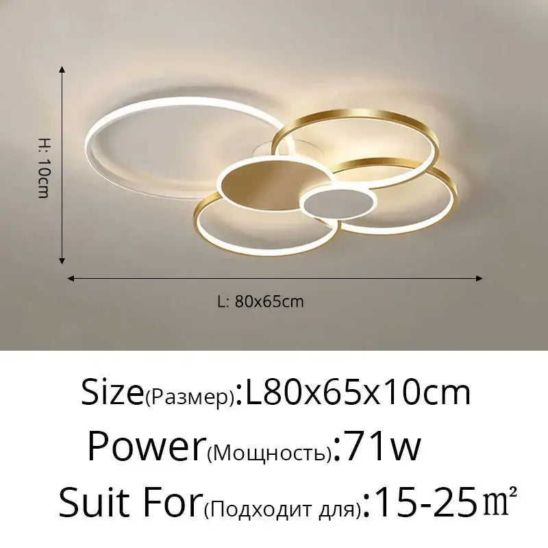 Modern gold and white acrylic chandelier light with overlapping rings designed for living room illumination