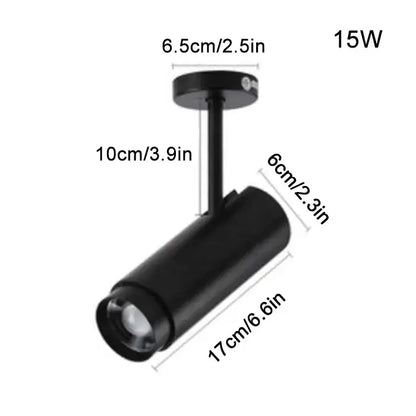Modern black cylindrical track lighting fixture with 15w power rating and decorbites adjustable beam ceiling spotlight