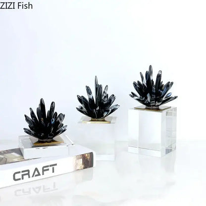 Modern black and white agate flower crystal art featuring black agate cactus sculptures on clear acrylic bases for decor