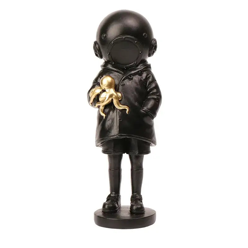 Modern black resin diver sculpture ornament of child in vintage diving helmet and coat holding golden octopus for office decor