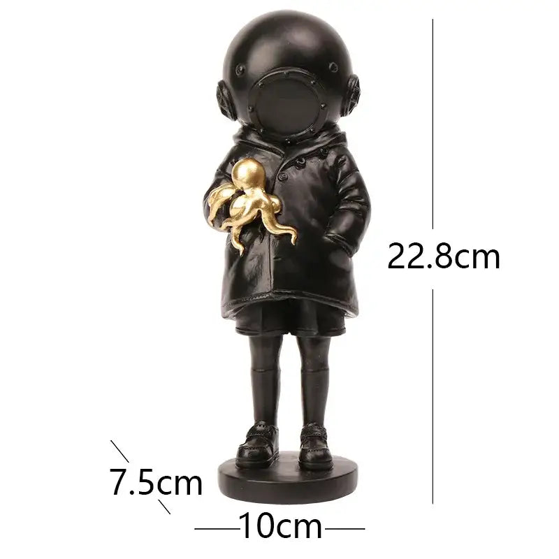 Modern black resin diver sculpture ornament featuring a child in vintage helmet holding a golden octopus for office decor