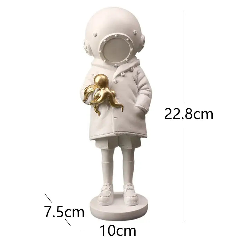 Modern black and white diver sculpture ornament featuring a white astronaut figurine holding a golden octopus on a base