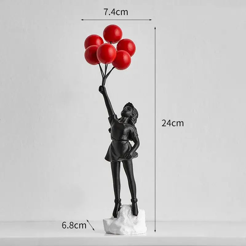 Modern black and white balloon girl graffiti statue resin figurine of a girl holding red balloons on white base for decor