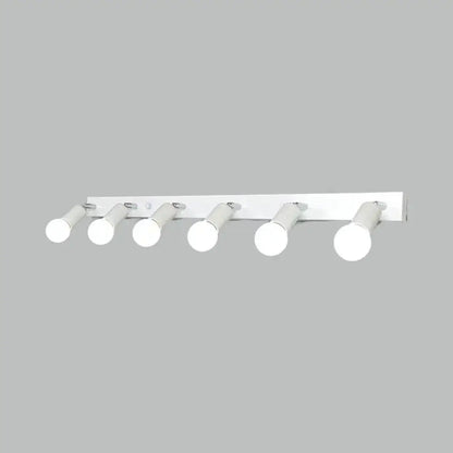 White rectangular wall-mounted bedroom vanity light with five exposed frosted glass bulbs in black and white design