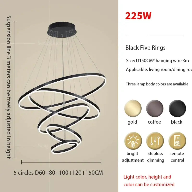 Modern black decorbites circle ring spiral pendant light with adjustable height for staircase ring art chandelier decor