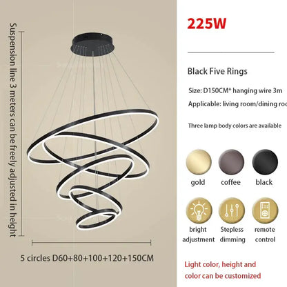 Modern black decorbites circle ring spiral pendant light with adjustable height for staircase ring art chandelier decor