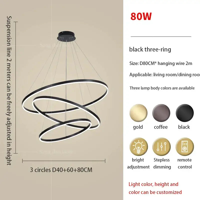Modern black decorbites circle ring art chandelier with three-ring led design and adjustable hanging wire for staircase decor