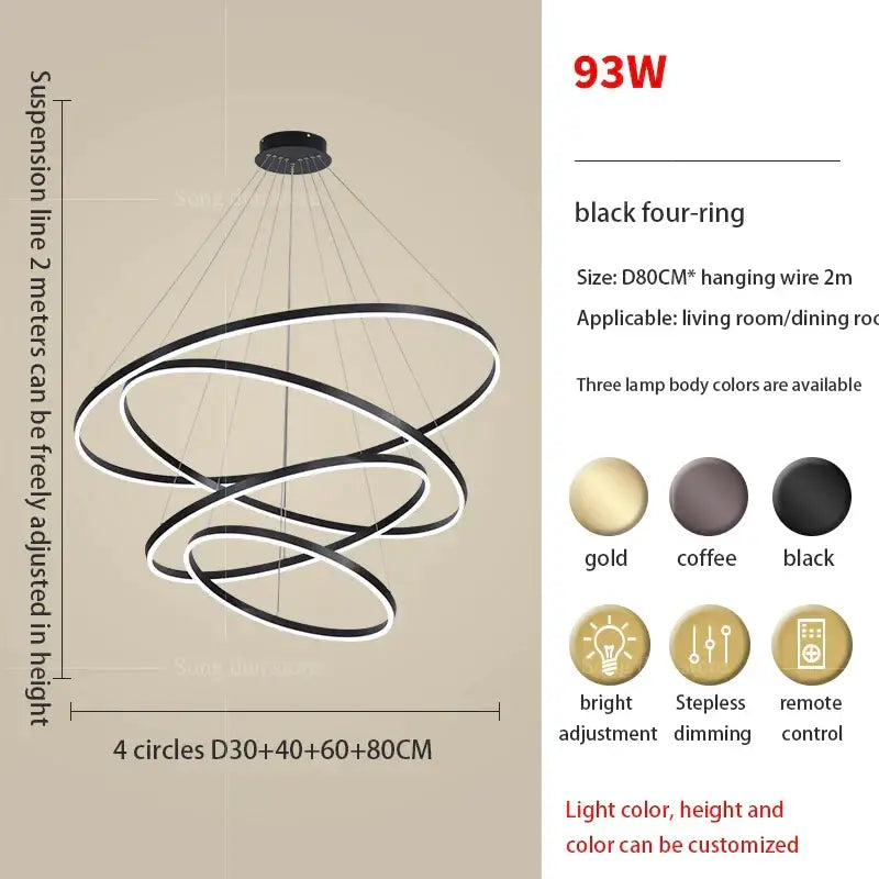 Modern black four-ring decorbites circle ring art chandelier with sleek interlocking rings and adjustable suspension lines for staircases