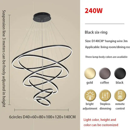 Modern black six-ring led ring art chandelier with spiral design and adjustable wire for decorbites circle ring decor