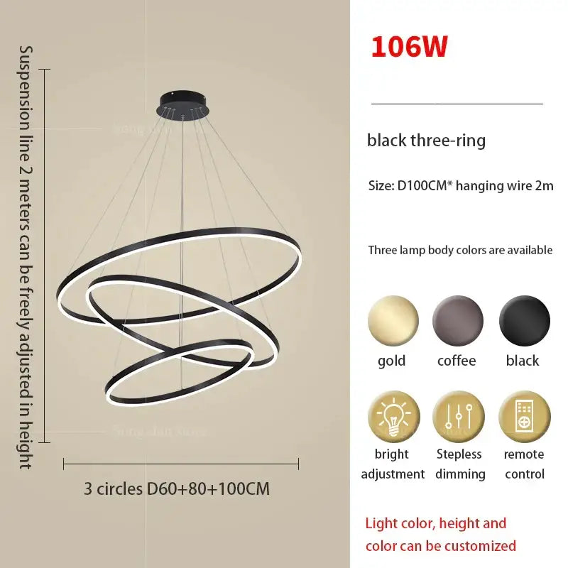 Modern black and white circle ring art chandelier with three-ring led design and adjustable suspension lines decorbites circle ring